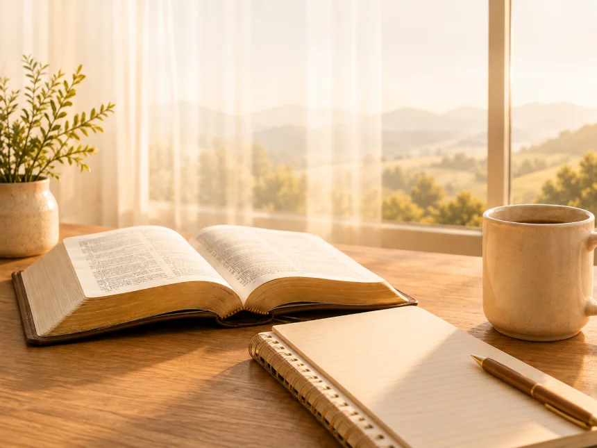 An open Bible on a desk in morning light