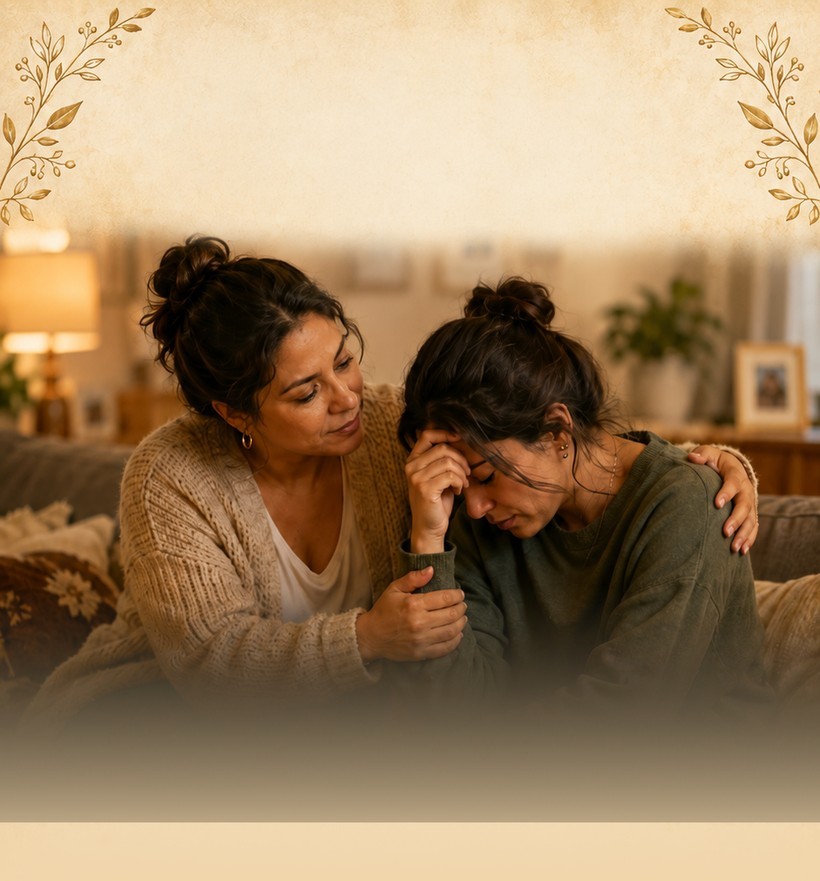 An older woman sits close on a couch, arm around a younger woman, holding her hand and comforting her in a warm lamp-lit living room.