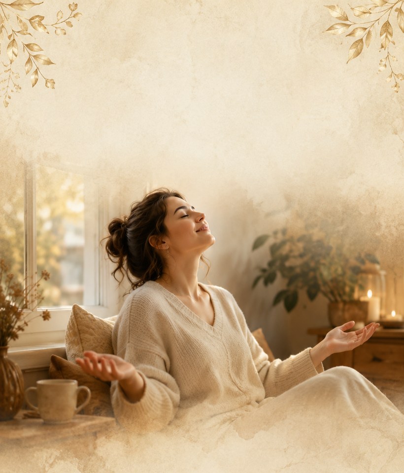 A woman resting content at a simple table, at peace with what is already in front of her.