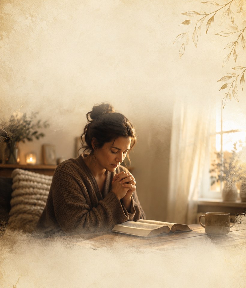A woman faithful and steady at her Bible, present and devoted in warm candlelight.