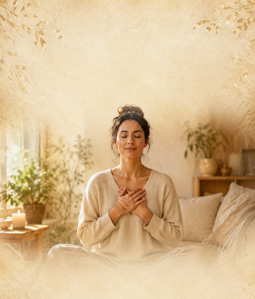A woman with open, resting hands, loose grip and a peaceful expression in soft light.