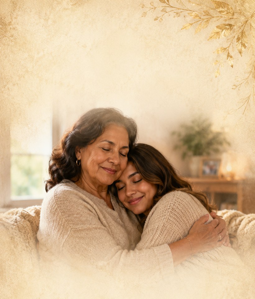 A woman moving warmly toward someone, open-handed and giving her full attention in golden light.